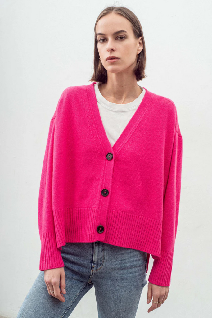 Aleger Cashmere | Cashmere Blend Hi Low 3 Button Cardigan | Pink Flash