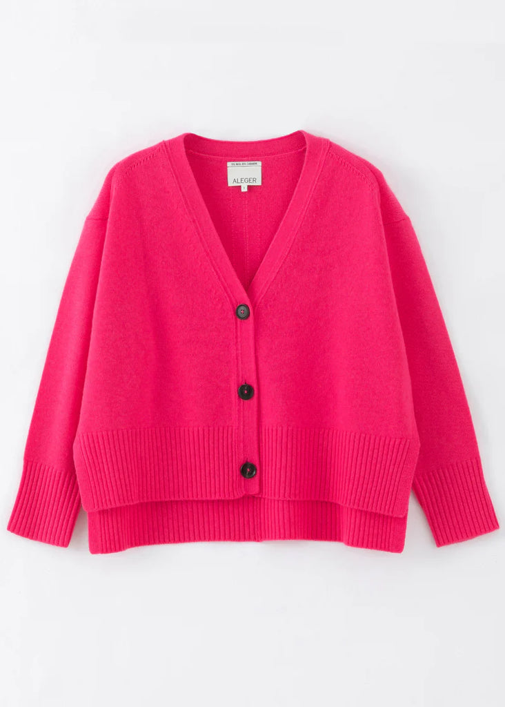 Aleger Cashmere | Cashmere Blend Hi Low 3 Button Cardigan | Pink Flash