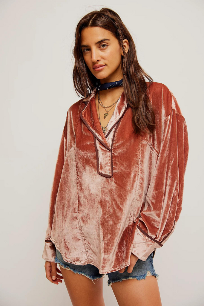 Free People | Luxy Velvet Solid Shirt | Cedar Wood