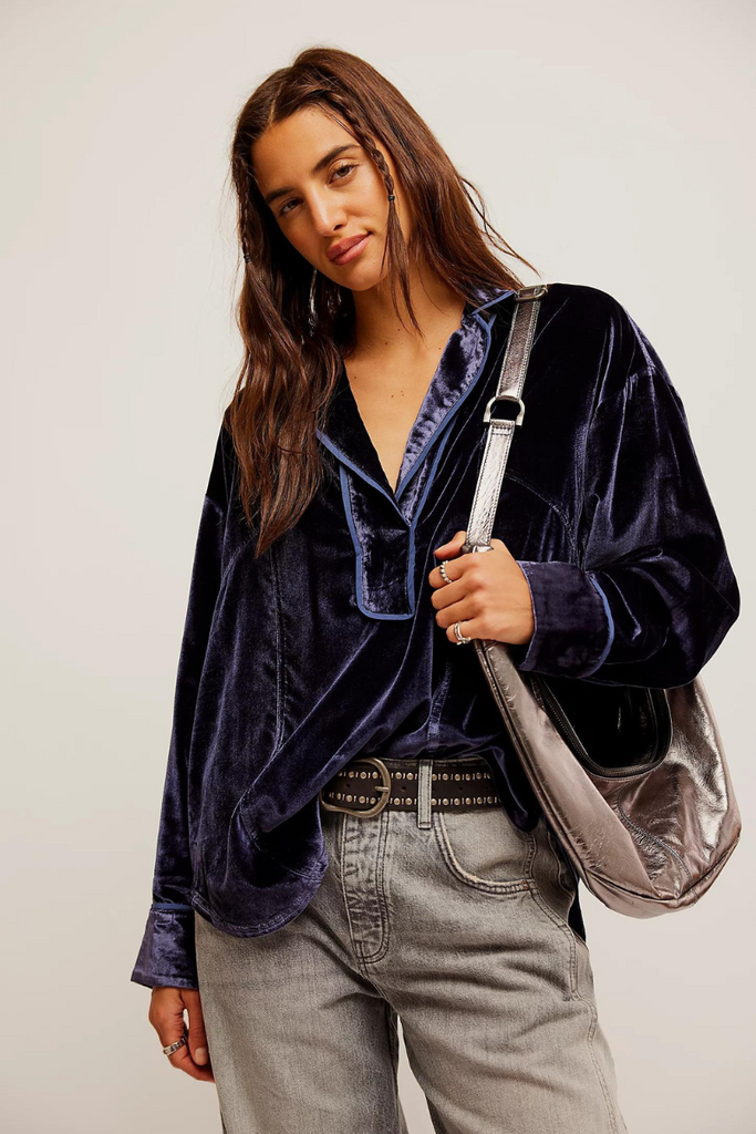 Free People | Luxy Velvet Solid Shirt | Night Sky