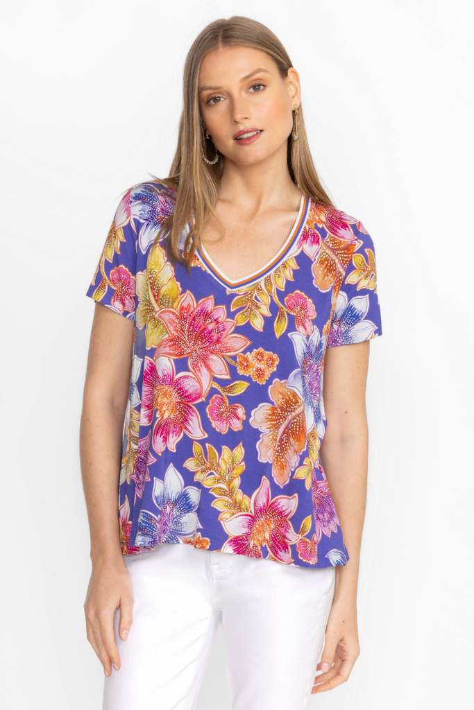 Johnny Was | The Janie Favorite S/Sleeve V-Neck Swing Tee | Multi Blue Floral