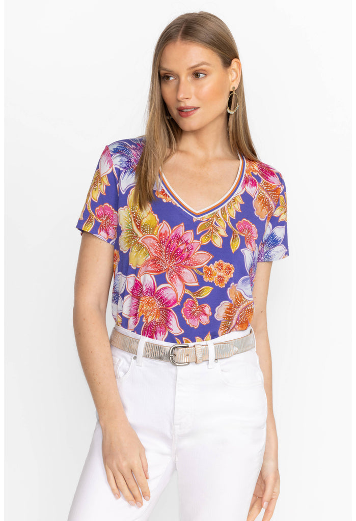 Johnny Was | The Janie Favorite S/Sleeve V-Neck Swing Tee | Multi Blue Floral