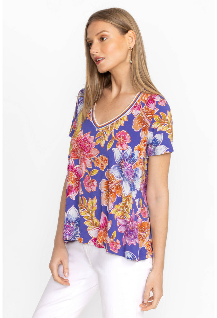 Johnny Was | The Janie Favorite S/Sleeve V-Neck Swing Tee | Multi Blue Floral