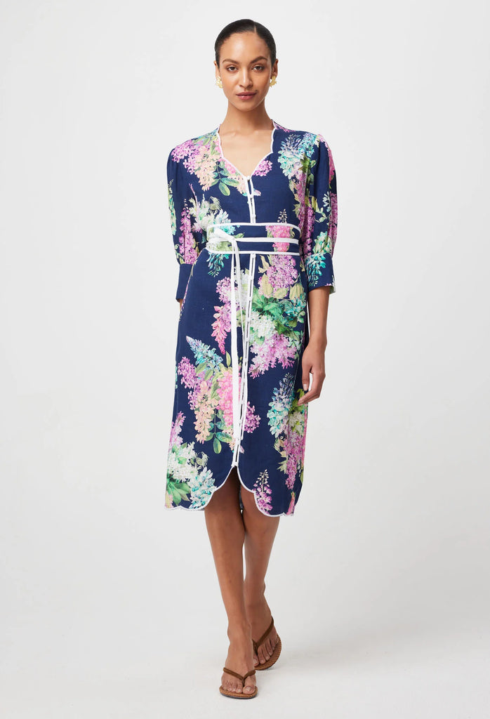 Once Was | Augustine Scallop Embroidered Hem Dress | Navy Wisteria