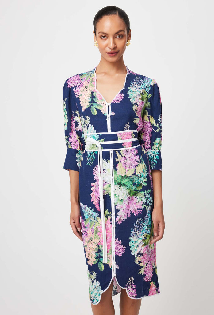 Once Was | Augustine Scallop Embroidered Hem Dress | Navy Wisteria