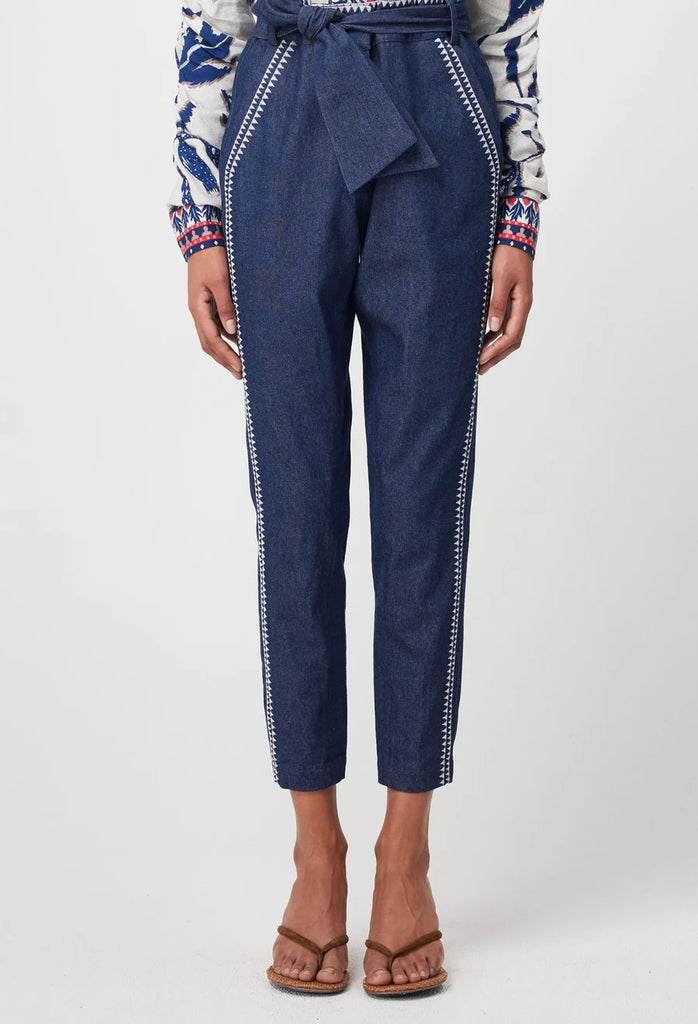 Once Was | Delray Placement Embroidered Cotton Denim Pant