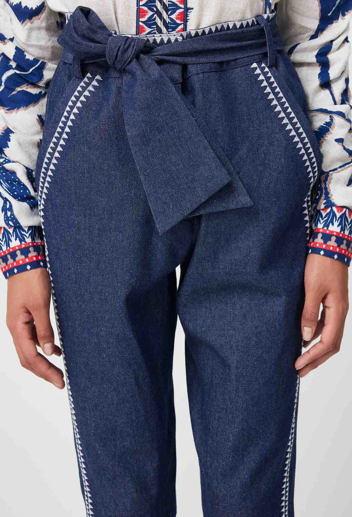 Once Was | Delray Placement Embroidered Cotton Denim Pant