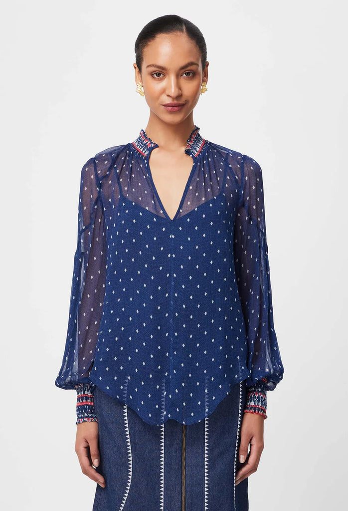 Once Was | Phoenix Contrast Shirred Collar & Cuffs Viscose Chiffon Blouse