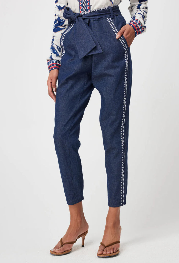 Once Was | Delray Placement Embroidered Cotton Denim Pant